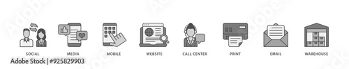 Omnichannel icon infographic illustration concept with icon of social media, mobile, website, call center, print, email, and warehouse icon live stroke and easy to edit 