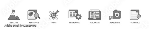 OKR icon infographic illustration concept with icon of objective, key results, target, framework, benchmark, measurable, and verifiable icon live stroke and easy to edit  photo