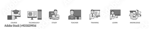 Online education icon infographic illustration concept with icon of course, technology, study, teacher, training, learn and knowledge icon live stroke and easy to edit 
