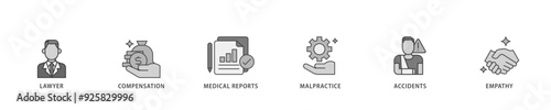Personal injury law icon infographic illustration concept with icon of malpractice, empathy, accidents, medical reports, compensation, lawyer icon live stroke and easy to edit 
