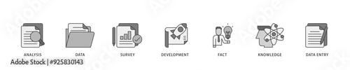Research icon infographic illustration concept with icon of analysis, data, survey, development, fact, knowledge and data entry icon live stroke and easy to edit 