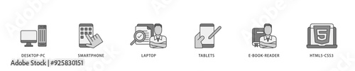 Responsive web design icon infographic illustration concept with icon of tablets, html5 css3, e book reader, laptop, smart phone, desktop pc icon live stroke and easy to edit 