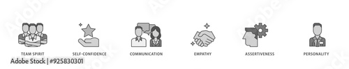 Soft skills icon infographic illustration concept with icon of team spirit, self confidence, communication, empathy, assertiveness, and personality icon live stroke and easy to edit 