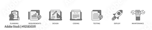 Software development icon infographic illustration concept with icon of planning, requirements, design, coding, testing, deploy and maintenance icon live stroke and easy to edit 