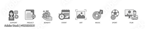 Sponsor icon infographic illustration concept with icon of film, sport, event, music, art, benefit, project, support icon live stroke and easy to edit 