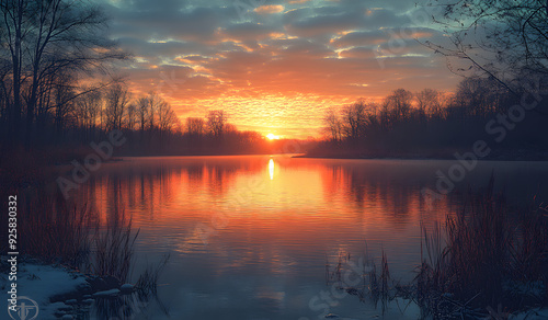 A breathtaking image of a serene lake perfectly reflecting the vibrant colors of a mesmerizing sunset. 