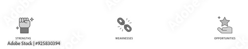 SWOT icon infographic illustration concept with icon of value, goal, break chain, low battery, growth, check, minus, and crisis icon live stroke and easy to edit 