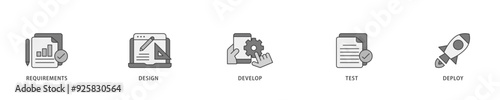 Waterfall icon infographic illustration concept with icon of requirements, design, develop, test and deploy icon live stroke and easy to edit 