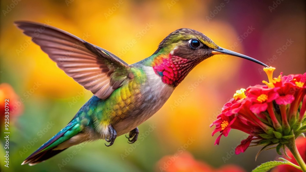 Fototapeta premium Vibrant close-up shot of a colorful hummingbird feeding on a flower, hummingbird, bird, vibrant, colorful, close-up, feeding