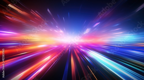 Abstract speed lines of blue, red, orange, and yellow converge at a bright white center.