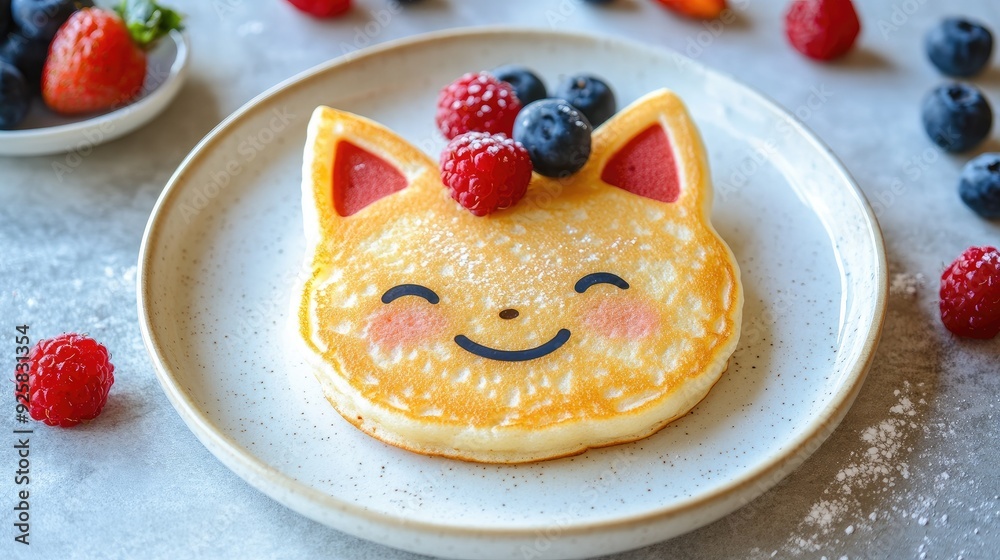 Fun breakfast plate: pancakes shaped like a smiling cat with berry toppings, great for toddlers Fun breakfast plate: pancakes shaped like a smiling cat with berry toppings, great for toddlers