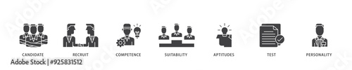Assessment icon infographic illustration concept with icon of user candidate, recruit, competence, suitability, aptitudes, test and personality icon live stroke and easy to edit 