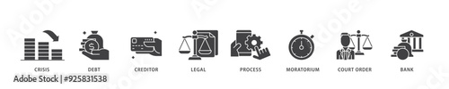 Bankruptcy icon infographic illustration concept with icon of bank ,court order, legal, moratorium, process, creditor, debt, crisis icon live stroke and easy to edit 