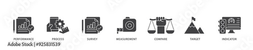 Benchmarking icon infographic illustration concept with icon of performance, process, survey, measurement, compare, target, and indicator icon live stroke and easy to edit 