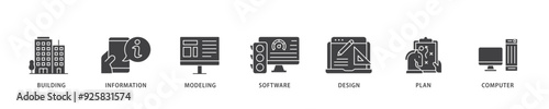BIM icon infographic illustration concept with icon of building, information, modeling, software, design, plan, and computer icon live stroke and easy to edit 
