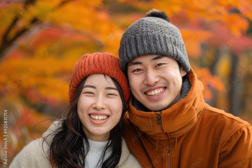 秋を楽しむ笑顔のカップル（恋人・デート・婚活・マッチングアプリ・紅葉狩り・秋服・紅葉）