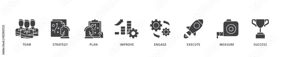 Change management icon infographic illustration concept with icon of team, strategy, plan, improve, engage, execute, measure, and success icon live stroke and easy to edit Change management icon infographic illustration concept with icon of team, strategy, plan, improve, engage, execute, measure, and success icon live stroke and easy to edit