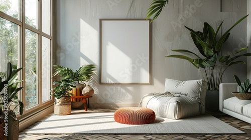 Blank horizontal poster frames mock up in minimal white style living room interior, modern living room interior background