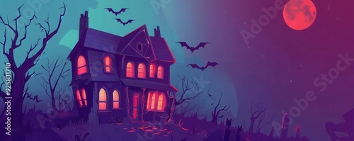 Creepy isometric haunted house at night with bats and full moon flat design Halloween theme animation split-complementary color scheme