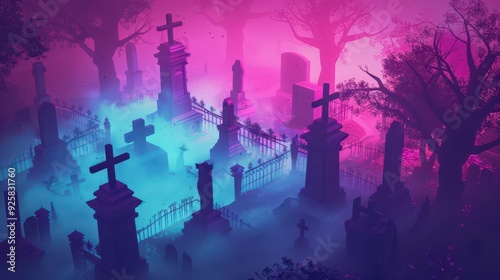 Creepy isometric spooky cemetery shrouded in fog flat design Halloween theme 3D render triadic color scheme photo