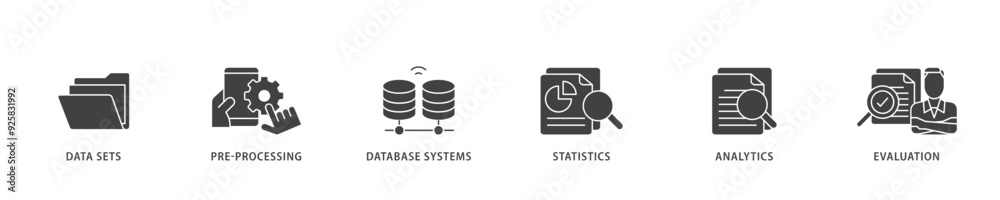 Data mining icon infographic illustration concept with icon of data sets, pre processing, database systems, statistics, analytics and evaluation icon live stroke and easy to edit Data mining icon infographic illustration concept with icon of data sets, pre processing, database systems, statistics, analytics and evaluation icon live stroke and easy to edit