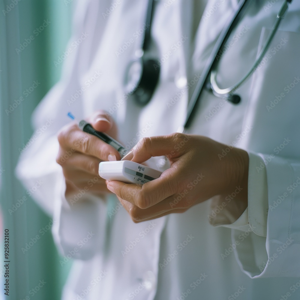A close-up of a doctor holding a medical instrument, illustrating precision and thorough patient care in a healthcare environment.