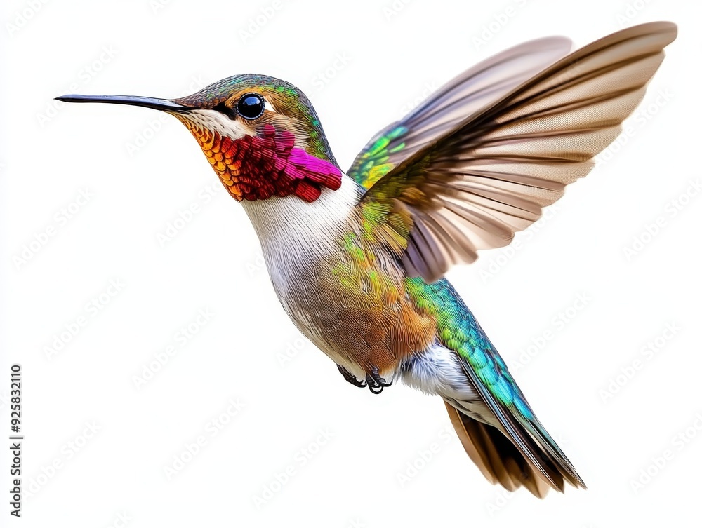 Obraz premium A colorful hummingbird hovering near vibrant flowers on a sunny day
