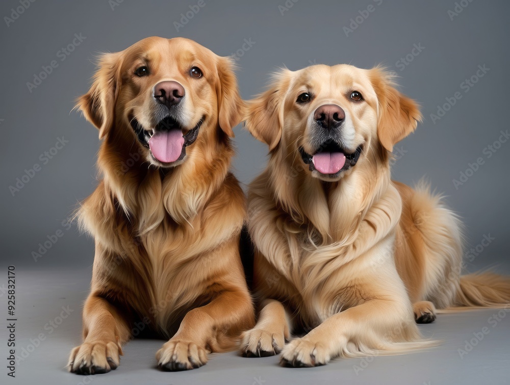 Two Golden Retrievers Lying Down and Smiling