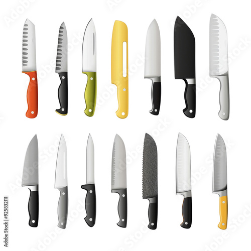 Set of professional chef knives isolated on a white background. Various types of kitchen knives.