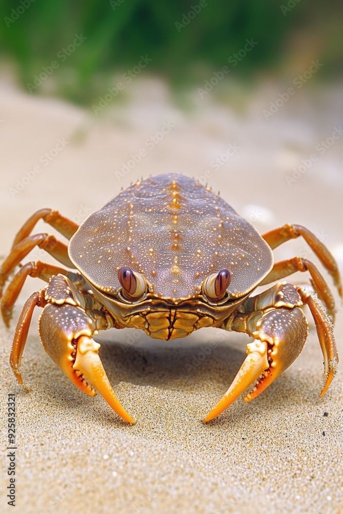 A close encounter with a golden crab on a sandy beach at dawn A close encounter with a golden crab on a sandy beach at dawn