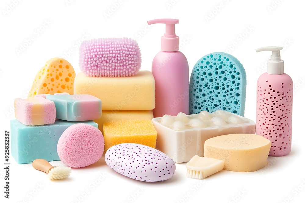 Cosmetics bottles and towels. Isolated on white background Cosmetics bottles and towels. Isolated on white background