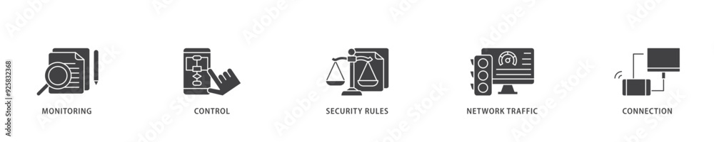 Firewall icon infographic illustration concept with icon of monitoring, control, security rules, network traffic and connection icon live stroke and easy to edit Firewall icon infographic illustration concept with icon of monitoring, control, security rules, network traffic and connection icon live stroke and easy to edit