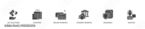 Financial service icon infographic illustration concept with icon of key solutions, shopping, online payments, internet banking, insurance and services icon live stroke and easy to edit 