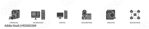 Fintech icon infographic illustration concept with icon of financial, technology, digital, accounting, analysis and blockchain icon live stroke and easy to edit 