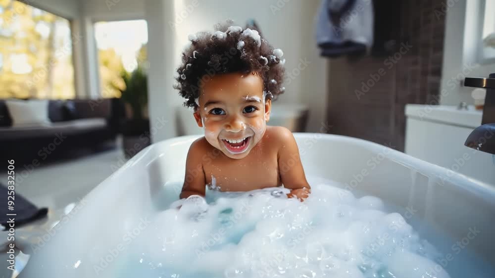 Soap foam, bath time, little african American child taking bubble bath in beautiful bathroom, Kids hygiene Shampoo, hair treatment and soap for children, Kid bathing in large tub , foam in hair Soap foam, bath time, little african American child taking bubble bath in beautiful bathroom, Kids hygiene Shampoo, hair treatment and soap for children, Kid bathing in large tub , foam in hair