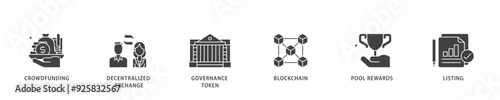 Ido icon infographic illustration concept with icon of crowdfunding, decentralized exchange, governance token, blockchain, smart contract and listing icon live stroke and easy to edit 