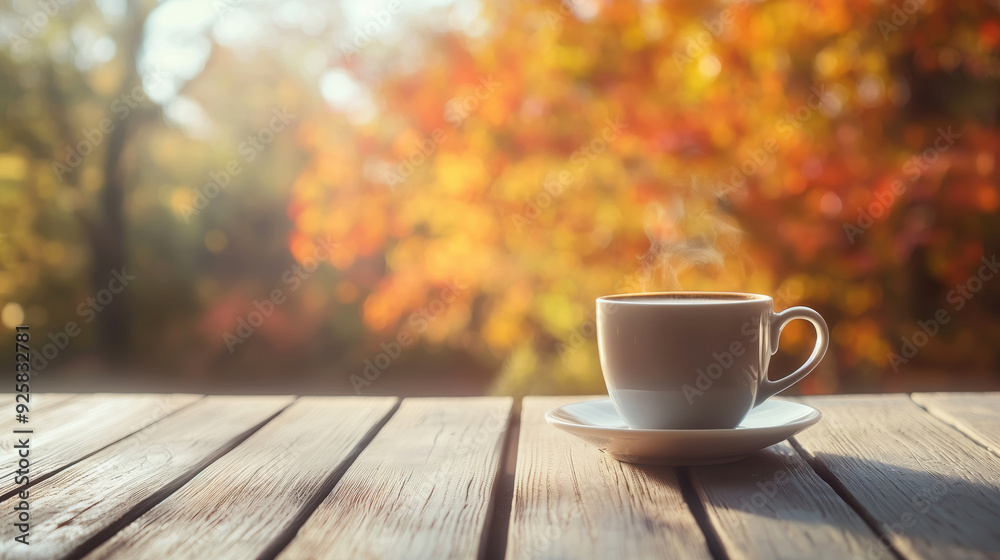 Cup of coffee on the wooden table in autumn forest Cup of coffee on the wooden table in autumn forest