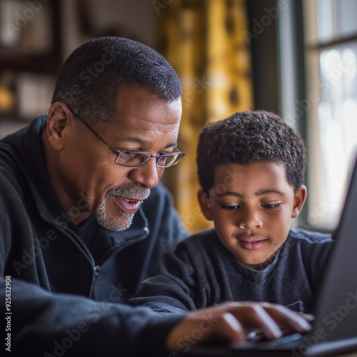 father child home family homework son teenage parent education laptop teen boy teaching childhood man learning together school computer internet teacher tutor black