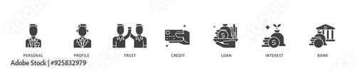 Microcredit icon infographic illustration concept with icon of personal, profile, trust, credit, loan, interest and bank icon live stroke and easy to edit 