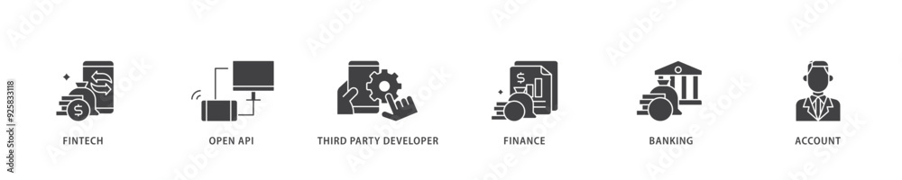 Open banking icon infographic illustration concept with icon of the fintech, coding, open API, finance, banking, third party developer, and account icon live stroke and easy to edit Open banking icon infographic illustration concept with icon of the fintech, coding, open API, finance, banking, third party developer, and account icon live stroke and easy to edit