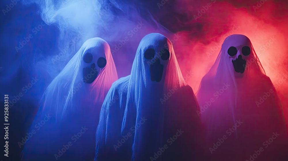 Chilling ghosts with skull masks emerge from colorful fog, creating an eerie atmosphere perfect for Halloween themes. Chilling ghosts with skull masks emerge from colorful fog, creating an eerie atmosphere perfect for Halloween themes.