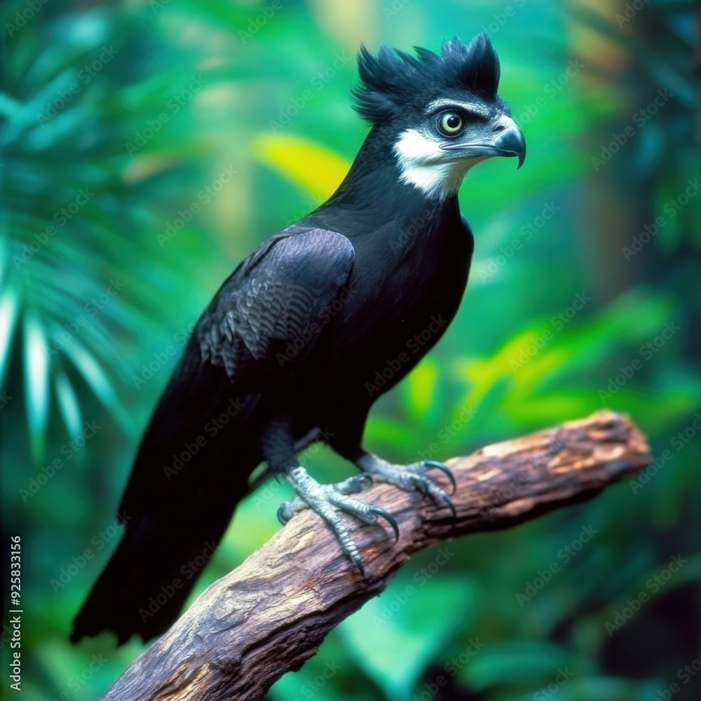 Majestic black bird perched on a branch in a lush tropical rainforest during daylight Majestic black bird perched on a branch in a lush tropical rainforest during daylight