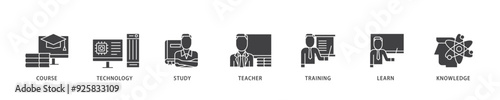 Online education icon infographic illustration concept with icon of course, technology, study, teacher, training, learn and knowledge icon live stroke and easy to edit 