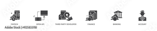 Open banking icon infographic illustration concept with icon of the fintech, coding, open API, finance, banking, third party developer, and account icon live stroke and easy to edit 