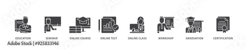 Online training icon infographic illustration concept with icon of education, seminar, online course, online test, online class, workshop, graduation, certification icon live stroke and easy to edit 