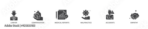 Personal injury law icon infographic illustration concept with icon of malpractice, empathy, accidents, medical reports, compensation, lawyer icon live stroke and easy to edit 