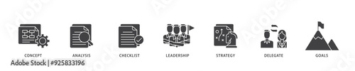 Planning icon infographic illustration concept with icon of concept, analysis, checklist, leadership, strategy, delegate and goals icon live stroke and easy to edit 