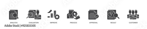 Quality control icon infographic illustration concept with icon of analysis, evaluation, improve, process, approval, result, and customer icon live stroke and easy to edit 