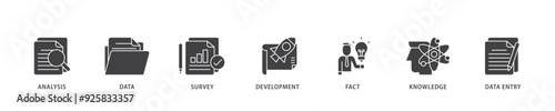 Research icon infographic illustration concept with icon of analysis, data, survey, development, fact, knowledge and data entry icon live stroke and easy to edit 