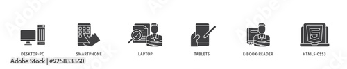 Responsive web design icon infographic illustration concept with icon of tablets, html5 css3, e book reader, laptop, smart phone, desktop pc icon live stroke and easy to edit 